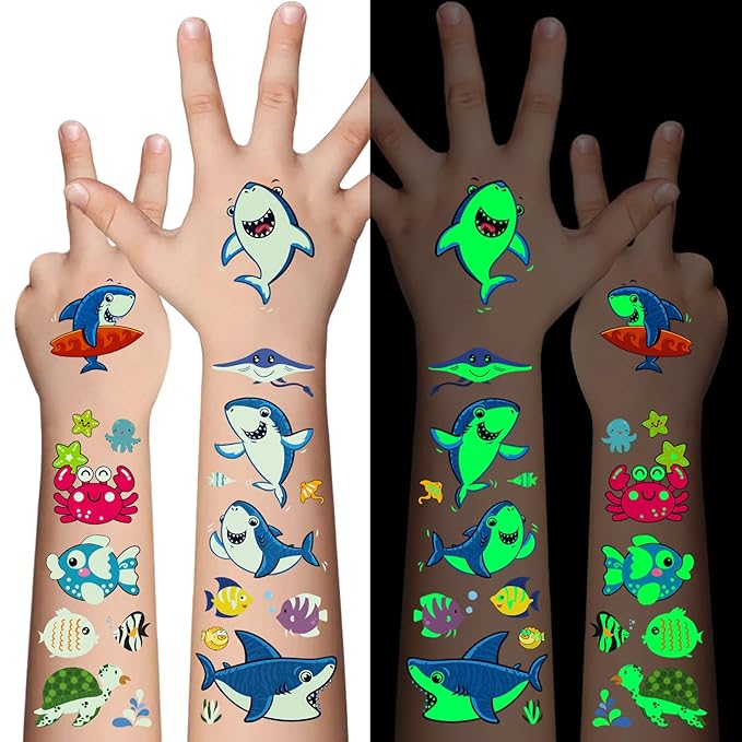 Luminous Temporary Tattoos for Kids - 130Pcs Marine Animal Glow Tattoos Stickers,Ocean Theme Glow In The Dark Tattoos for Boys and Girls,Face Makeup Fake Tattoo,Holiday Party Favors Gifts for child