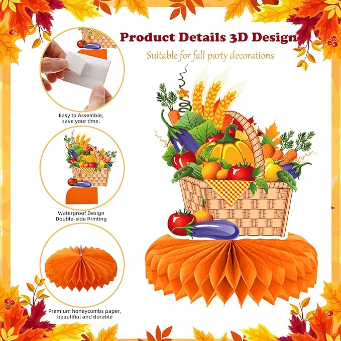 9Pcs Fall Centerpiece Table Decorations Fall Party Decorations Thanksgiving Table Centerpiece Turkey Centerpiece Pumpkin Honeycomb for Thanksgiving Table Decoration Autumn Birthday Party Supplies