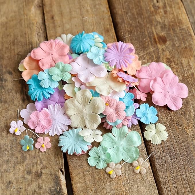 Handmade100 Pcs Mixed Flowers 18 mm - 2 Inch Mulberry Paper Flowers Scrapbooking Wedding DIY Craft Supplies Card (10 Colors Pastel Tone)
