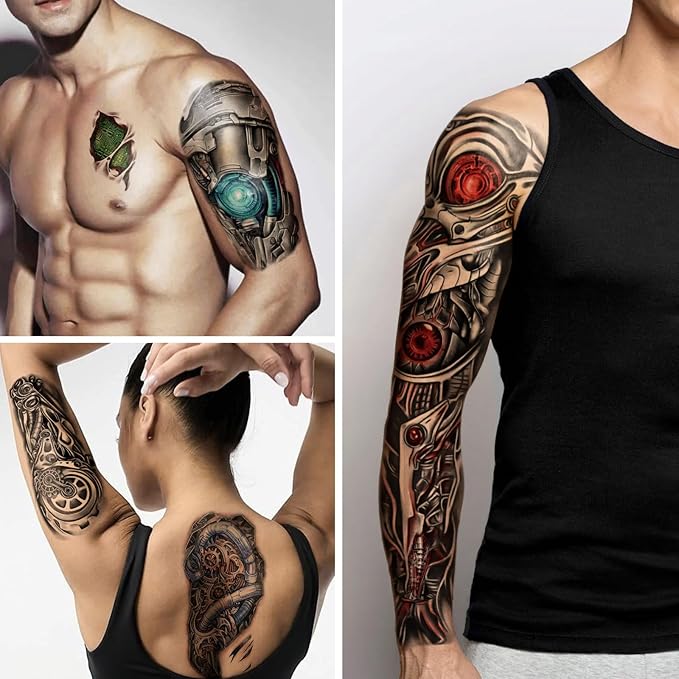 Yazhiji 48 Waterproof Temporary Tattoos For Adult, Mechanical Temporary Tattoos for Men Women, Half Arm Robot Fake Tattoos Sleeve, Realistic Mechanical Half Arm Tiny Tattoo Sticker