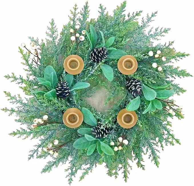 20 Inch Christmas Candlestick Wreath for Front Door,Artificial Snowy Pine Wood Paired with Off White Berries Used for Window, Wall, Porch, and Other Indoor and Outdoor Home Decorations