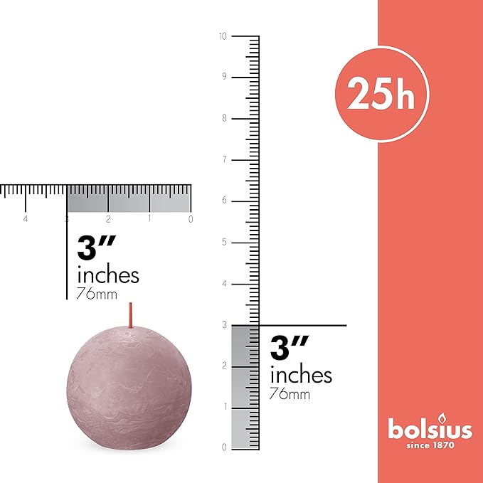 BOLSIUS 3 Pack Ash Rose Rustic Ball Pillar Candles - 3 Inch - Premium European Quality - Includes Natural Plant-Based Wax - Unscented Dripless Smokeless 25 Hour Party Décor and Wedding Candles