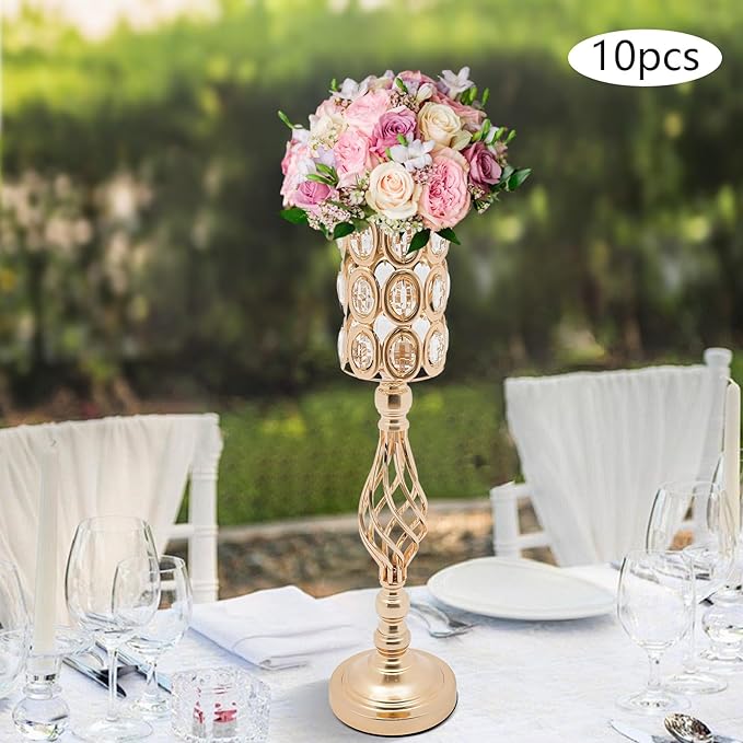 Wedding Centerpieces Gold Vases,10PCS Metal Flower Candle Holder,Wedding Vase for Tables,Crystal Flower Vase Metal Flowers Stand for Party Tables Decorations