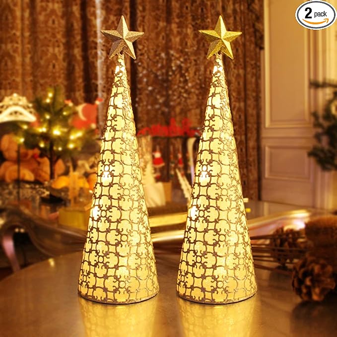 Juegoal Lighted Christmas Table Decorations with Star and 10 LED Lights Battery Operated, Indoor Xmas Thanksgiving Holiday Wedding Party Tabletop Desk Ornament, Set of 2 (Gold, Silver)
