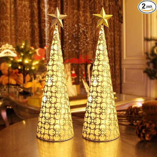 Juegoal Lighted Christmas Table Decorations with Star and 10 LED Lights Battery Operated, Indoor Xmas Thanksgiving Holiday Wedding Party Tabletop Desk Ornament, Set of 2 (Gold, Silver)