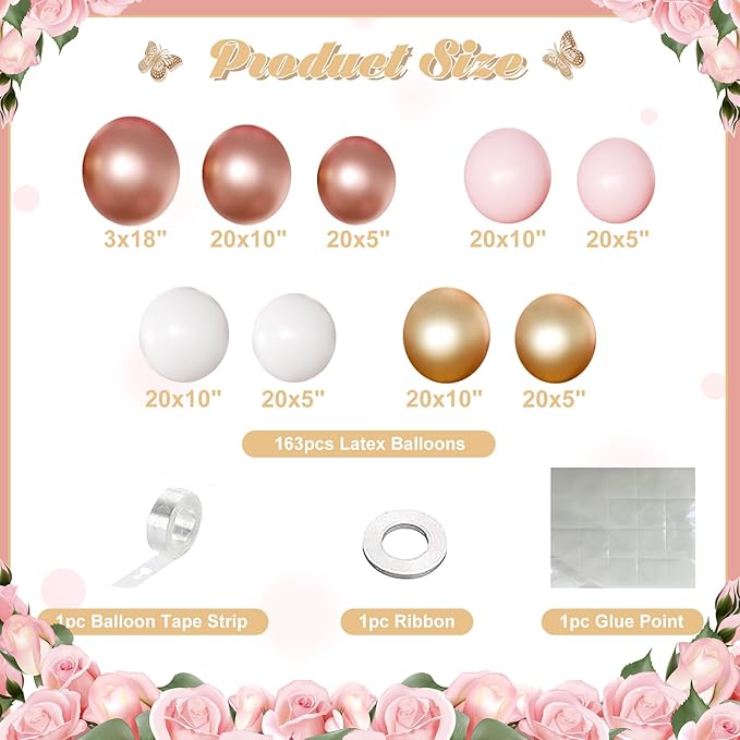 Rose Gold Pink Balloon Arch Kit 163 Pcs rose gold Balloon Garland Kit Include Rose Gold Pink White Balloons for Wedding Birthday Bridal Baby Shower Party Decorations