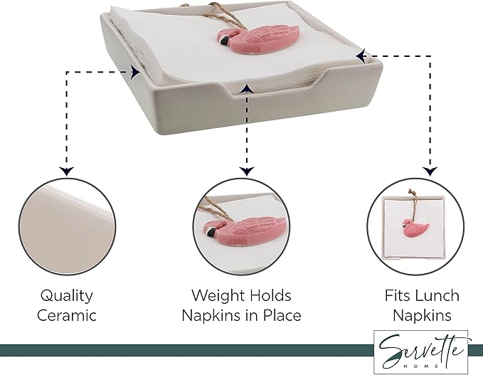 White Ceramic Lunch Napkin Holder with Roped Weight - Flamingo