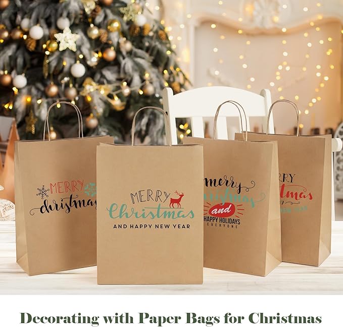 GSSUSA Brown Kraft Paper Gift Bag with Handles, 10x5x13 Bulk Shopping Grocery Paper Bags 200 Pcs, Party Favor Retail Small Business Packaging Mother's Day Merchandise Boutique Wedding Baby Shower