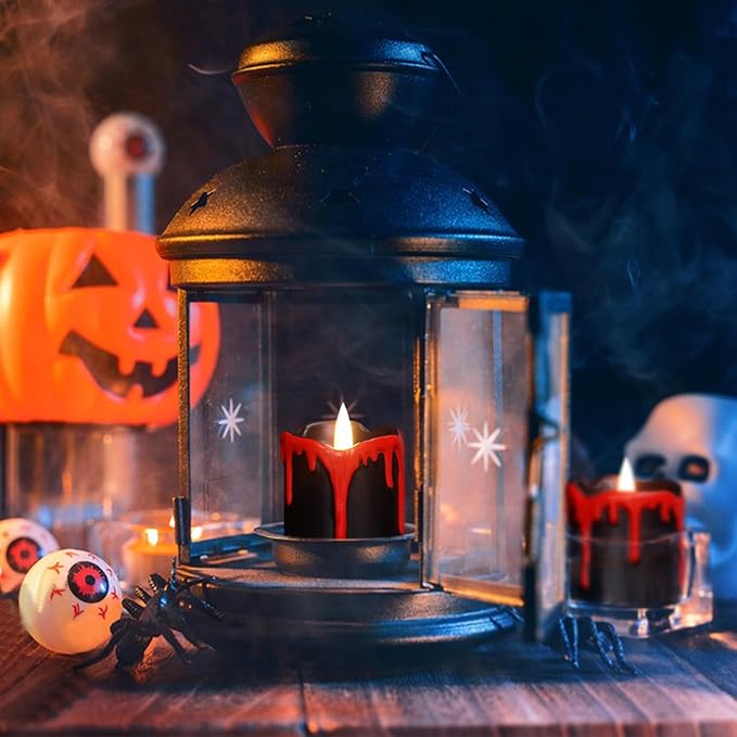 GenSwin Halloween Black LED Votive Candles with Long Lasting CR2450 Batteries, Votive Flameless Flickering Candles Battery Operated with 6H Timer, 6Pcs Real Wax Black and Red Candle for Home Decor