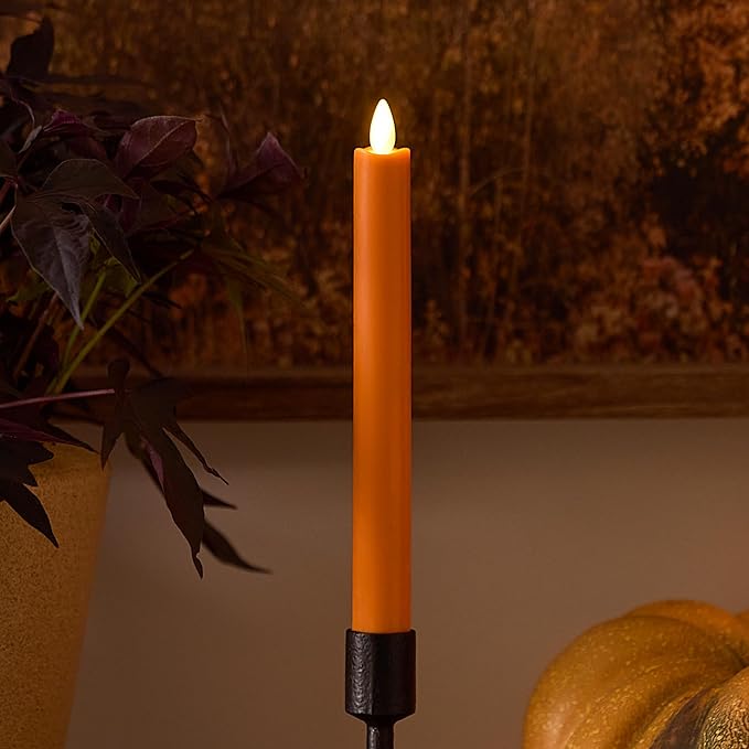 Luminara Taper, 1" x 9.5" AA Battery Wax Flameless Candle w/Timer, Remote Available Russet Orange Flickering White LED Light Flame, Home Decor for Halloween Fall Indoor Candlestick Decoration