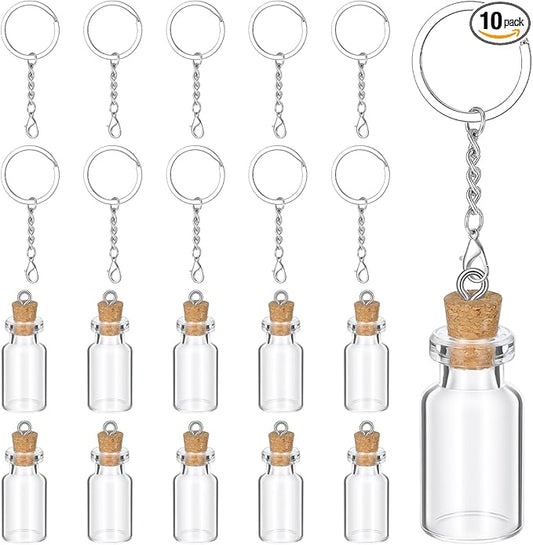 10 Pcs Mini Bottles with Cork, 2ml Tiny Jars with Lids and Keychains Empty Spell Jars Glass Wishing Bottles for DIY Crafts Wedding Halloween Chrismas Hanging Ornaments