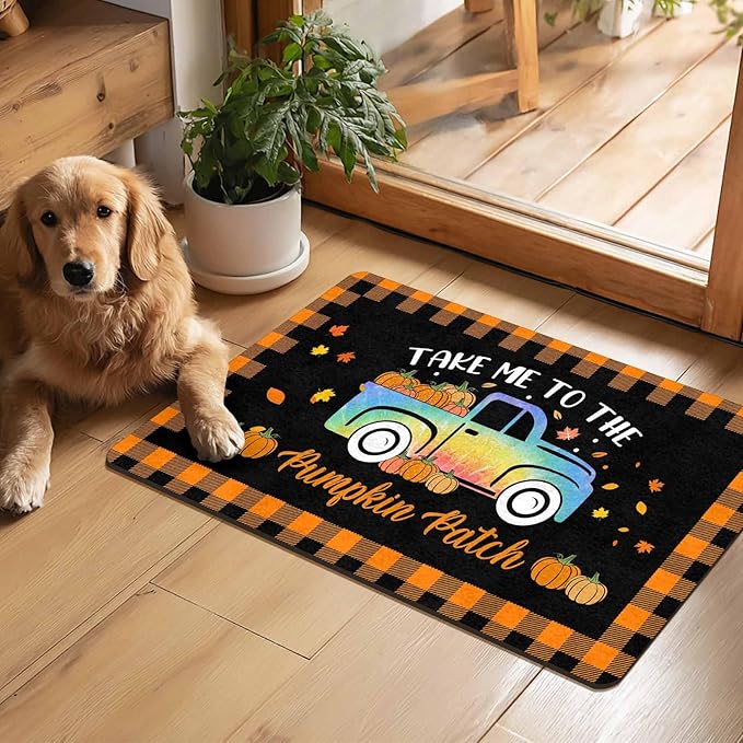 Fall Welcome Maple Leafs Decorative Door Mat, Autumn Thanksgiving Doormat for Indoor Outdoor Entrance Floor Mats,Fall Pumpkins Non Slip Harvest Vintage Decor Rubber Welcome Mats 16" x 24" Inch