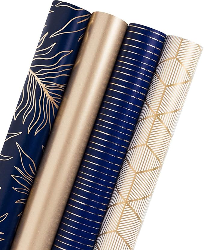 WRAPAHOLIC 30 Inch Navy Wrapping Paper - Jumbo Roll Gold and Navy Print with Cut Lines for Christmas, Birthday, Holiday, Father's Day, Baby Shower - 4 Rolls - 30 Inch x 120 Inch Per Roll