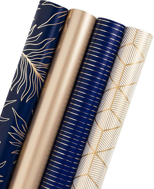WRAPAHOLIC 30 Inch Navy Wrapping Paper - Jumbo Roll Gold and Navy Print with Cut Lines for Christmas, Birthday, Holiday, Father's Day, Baby Shower - 4 Rolls - 30 Inch x 120 Inch Per Roll
