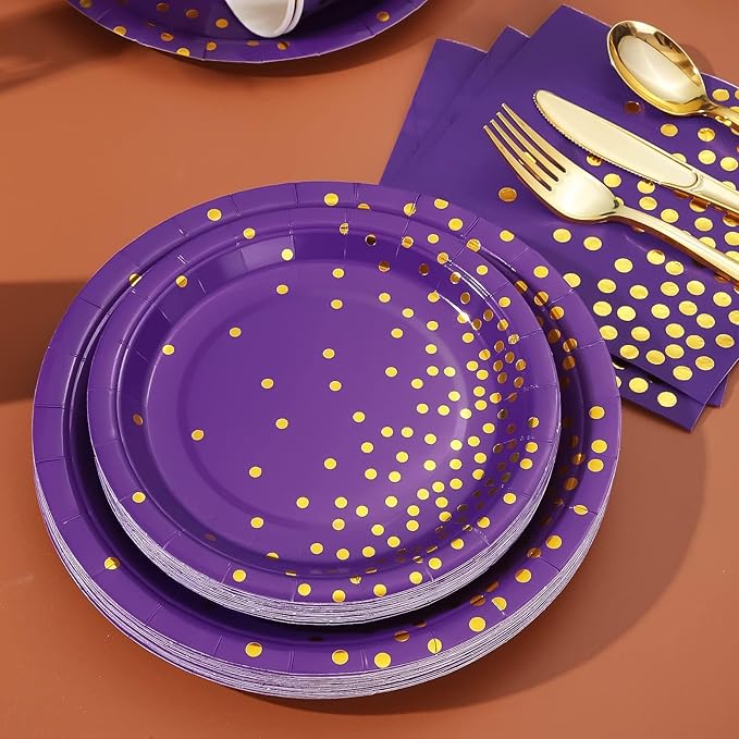175Pcs Purple and Gold Party Decorations, Purple Plates and Cups and Napkins Sets, Gold Disposable Plates for Birthday Wedding Party Supplies, Serves 25