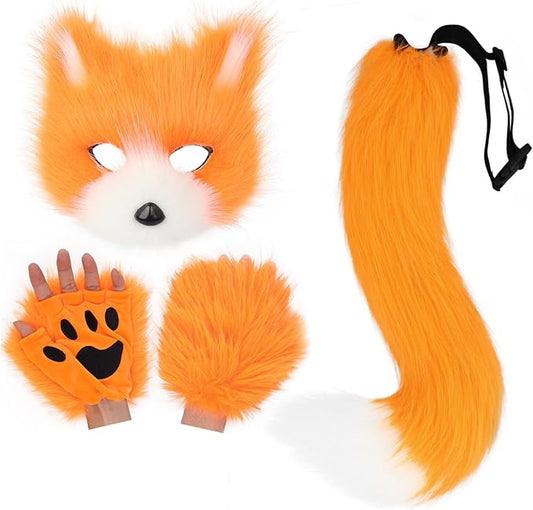HAOAN Furry Fox Mask Wolf Fox Tail and Paw Gloves Set Adult Cat Halloween Mask Cosplay Animal Party Costume