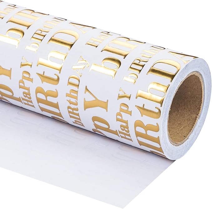 WRAPAHOLIC 3D Kraft Birthday Wrapping Paper Roll - Mini Roll - 17 Inch x 16.5 Feet - Gold and White Happy Birthday Lettering Design with Embossed Perfect for Holiday, Party Celebration