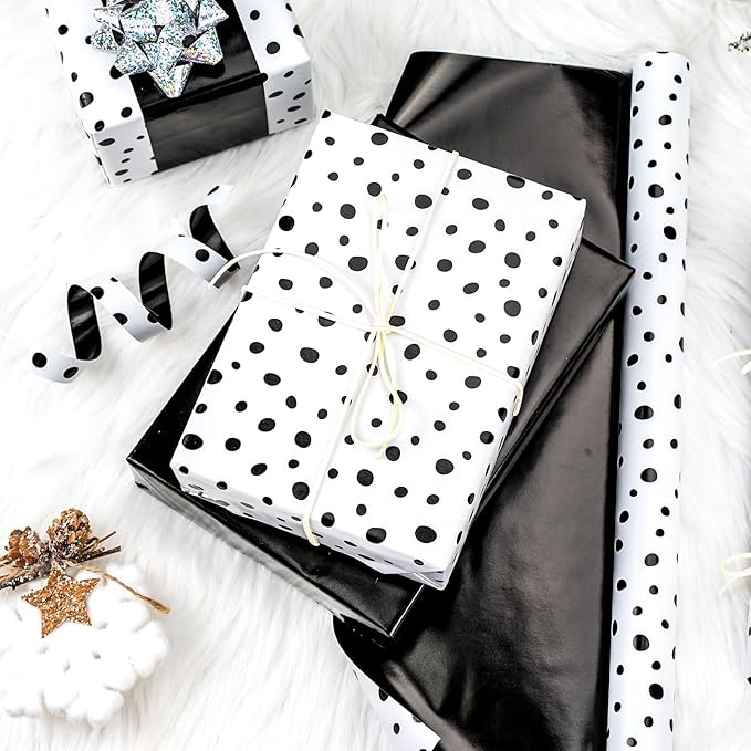 Burymento Black Lrregular Wave Point Wrapping Paper, Reversible Gold Gift Wrap for Birthday, Valentines, Mothers day, Graduation, Wedding, Fathers day, Baby Shower, Christmas (17in x 16.4ft)