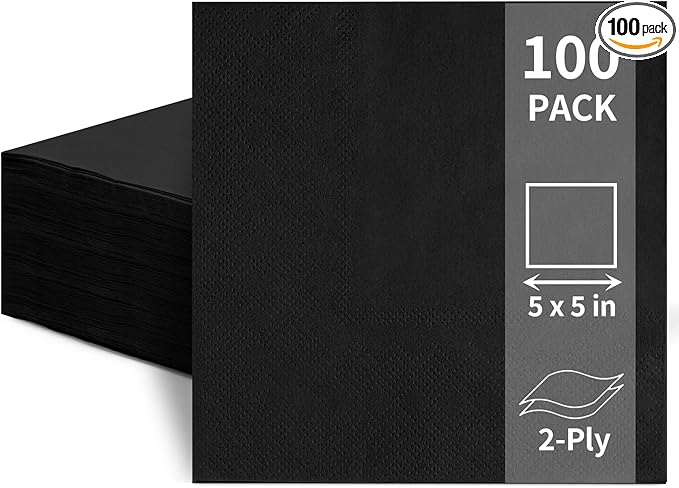 100 Pack Cocktail Napkins Disposable, 2-Ply 5" x 5" Party Napkins, Square Beverage Dinner Napkin for Wedding Birthday Party Anniversary Reception Bar Event (Black)