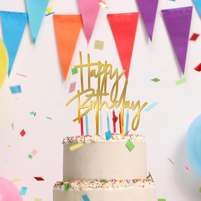 1PCS Gold Birthday Cake Topper, 5.3 x 7.2 Inches Acrylic Happy Birthday Cake Sign, Glitter Mirror Cake Topper Decorations for Anniversary, Bridal Shower, Birthday Party Supplies