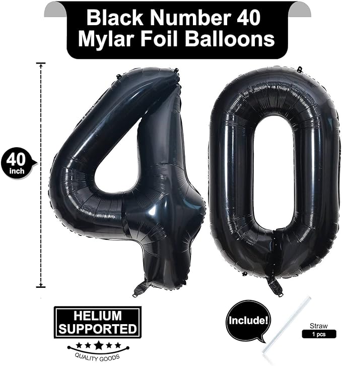 40 Inch Black 40 Number Balloons Giant Jumbo Huge 40 Foil Mylar Helium Number Digital Balloons Black Birthday Mylar Digital Balloons 40th Birthday Party 40th Anniversary Events Party Decorations