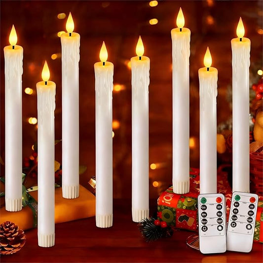 OCATO Flameless Candles with Remote Timer: 8 Pcs Battery Operated Window Candles 9.6" Real Wax LED Flickering Flameless Taper Candles 3D Wick Lights Halloween Christmas Wedding Party Decorations White