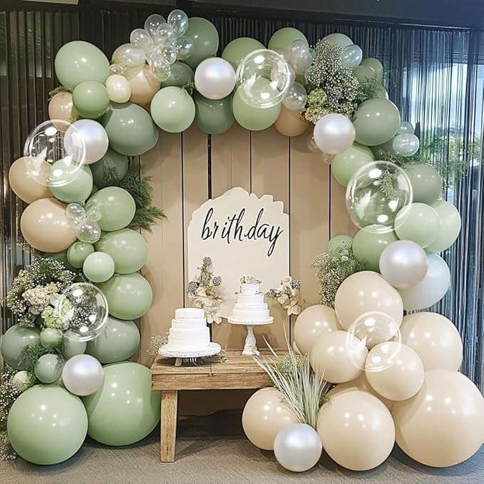 Dusty Green White Balloon Arch Double Stuffed Light Sage Green White Sand Pearl Balloon Garland Kit Olive Beige Cream Balloons for Baby Shower Birthday Bridal Wedding Woodland Wild One Party Decor