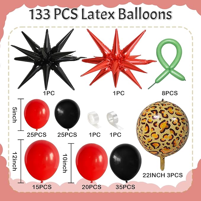 Red Black Balloons Garland Arch Kit, 133pcs Green Cherry Black Red Explosion Star Foil Balloons, 4D Cheetah Print Mylar Balloons for Berry Themed Birthday Baby Shower Bachelorette Party Decorations