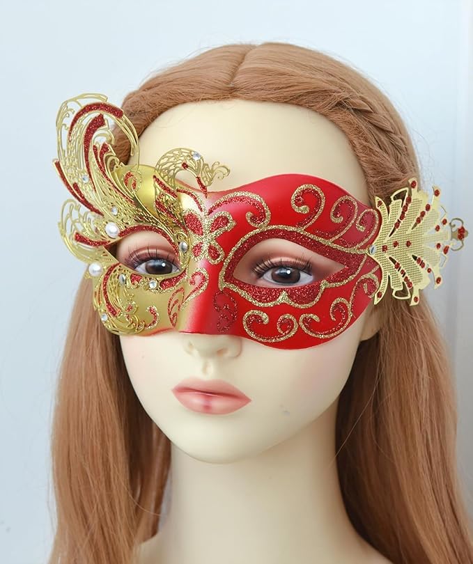 2025 New Red Venetian Masquerade Mask for Women-Peacock Rhinestone Masquerade Party Mask- Mascarade Masks for Women Butterfly -Perfect for Mardi Gras, Halloween Parties, Costume Party, Carnivals