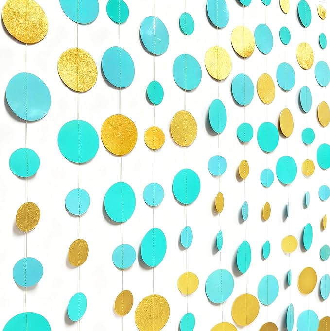Teal Gold Party Polka Dot Garland Banner Aqua Turquoise Glitter Gold Hanging Paper Circle Dots Streamer for Birthday Baby Shower Wedding Engagement Bridal Shower Retirement Party Decorations Supplies