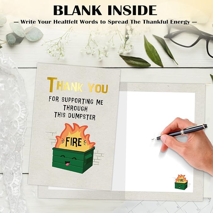 Coworker Leaving Card - Dumpster Fire Design Humorous Gratitude Funny Thank You Card for Friends, Farewell, or Just Because Gift (5.5x8 Inch, Gold Foil, Envelope Included)