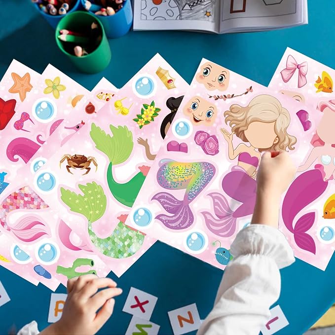 Make a Face Stickers - 32 Mermaid Sheets for Girls - Mermaid Birthday Party Favors - Kids Travel & Car Activities