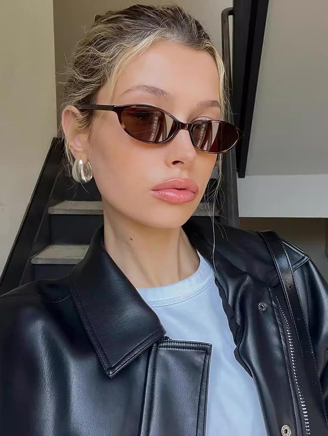 Retro Oval Sunglasses for Women Chic Cat Eye 90s Sunnies Lightweight Narrow Shades Trendy UV protection Sun Glasses