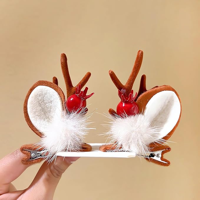 Christmas Reindeer Antlers Headband Brown Red Deer Ears Clips with Elk Fluff Red Antler Design Party Xmas Deer Antlers Decor Holiday Costume Hairpin for Women Girls Deer Ears Decoration