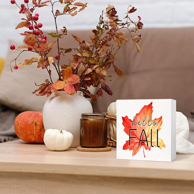 Funny Hello Fall Wood Box Sign Hello Autumn Maple Leaves Wooden Block Desk Decor for Home Office Kitchen Cubicle Table Shelf Tabletop,Farmhouse Fall Sign Decor