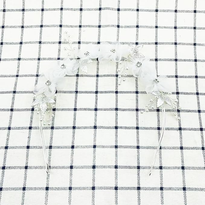 1PCS Tulle Flower Headband, Flower Girl Headpiece, Bridal Pearl Headband Women Pearl Flowers Crowns for Wedding and Birthday(White)