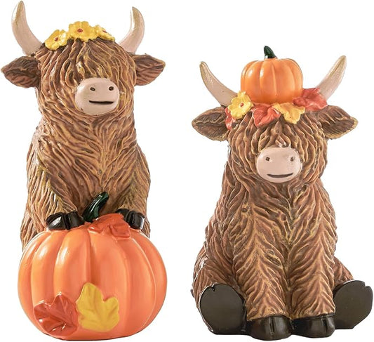 RM ROOMERS 2 PCS Highland Cow Figurines Fall Decor Thanksgiving – Resin Highland Cow Decorations for Home – Cute Cow Statues with Pumpkin & Flowers, Farmhouse Kitchen Autumn Table or Shelf Decor