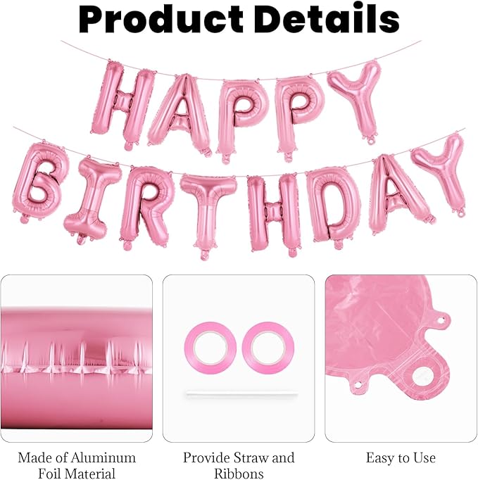 65 Pcs Pink Happy Birthday Balloons and 2 Sets A-Z Letters Foil Balloons, 16 Inch Personalized Name Happy Birthday Banners for Wedding Baby Shower Anniversary Party Decorations (Pink)