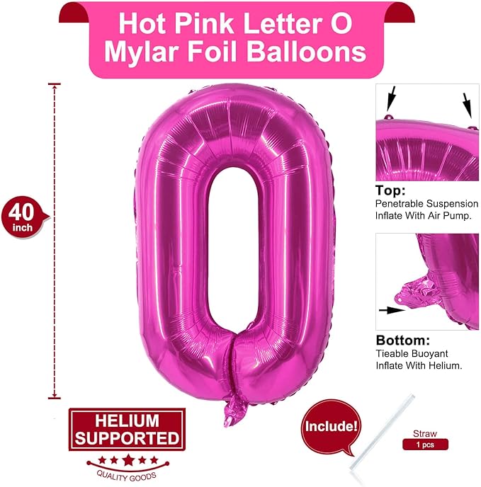 Lovoir 40 Inch Large Hot Pink Letter O Balloons Big Size Jumbo Mylar Foil Helium Balloon for Birthday Party Celebration Decorations Alphabet Hot Pink O