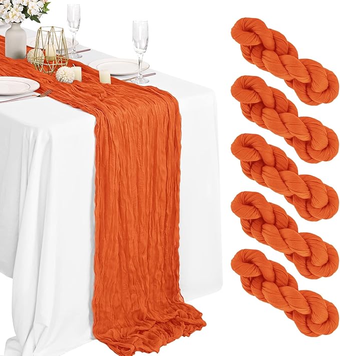 5 Packs Orange Cheesecloth Table Runner, 10Ft x 35" Orange Rustic Gauze Boho Wedding Table Runner Decoration, Wedding Table Decor Table Cloth for Wedding Party Bridal Shower Table