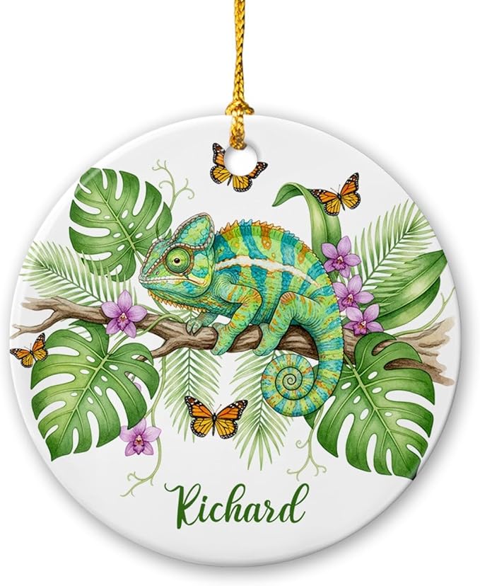 Chameleon Ceramic Ornament Christmas 2025, Personalized Choose Name Chameleon Lover Ornament, Reptile Hanging Xmas Tree Keepsake, Custom Animal Decoration, Chameleons Animal Ornaments with Nature