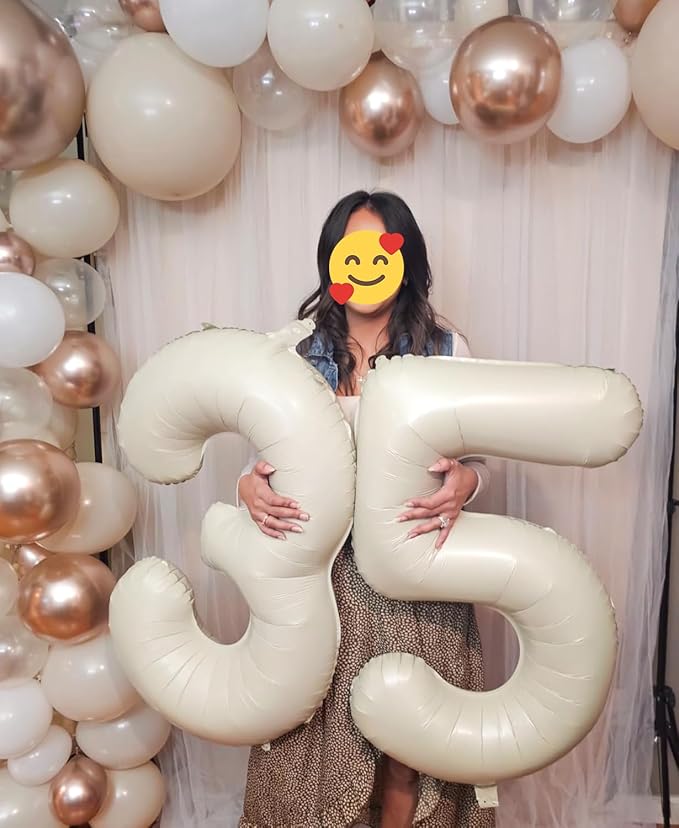 Smlpuame 40 Inch Beige Number 5 Balloons for 5th Birthday Decorations Boys Girl, Giant Self-Sealing Cream Foil Number 0-10 White Sand Balloon for Women Men Party Anniversary Baby Shower Supplies