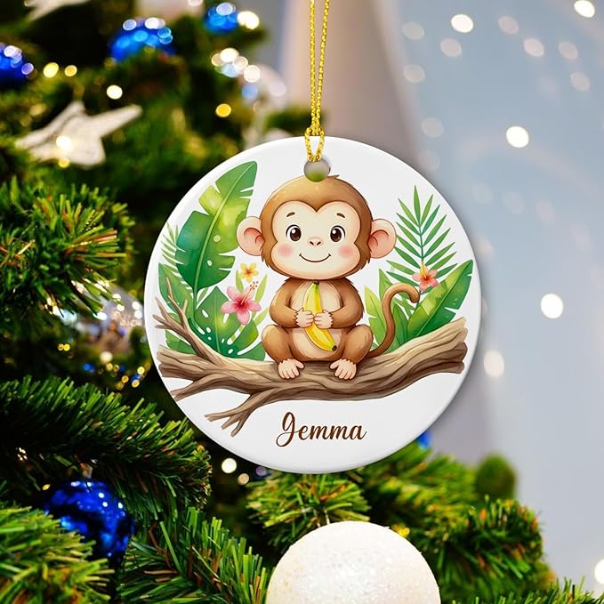 Customized Monkey Ceramic Ornament Christmas 2025, Gift for Boys Girls Son Daughter Grandkids from Family, Personalized Name Baby Monkey Lover Ornament, Animal Nature Keepsake, Animal Themed Decor