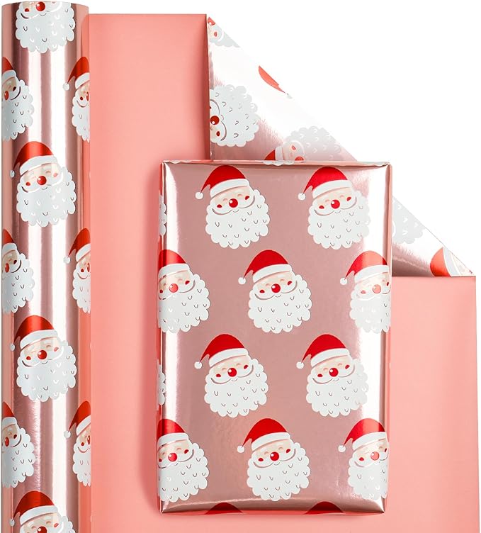 WRAPAHOLIC Reversible Christmas Wrapping Paper - Mini Roll - 17 Inch x 33 Feet - Santa Claus Wrapping Paper and Solid Rose Gold Design with Metallic Foil Shine for Chrsitmas, Holiday, Party