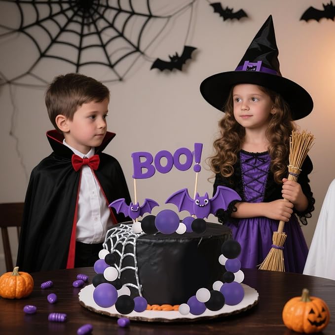 BEISHIDA 40 pcs Foam Ball Halloween Cake Toppers with Sticks Perfect for Halloween Cake Decorations Birthday Party Wednesday Theme Cake Decoration(Black, White, Purple)