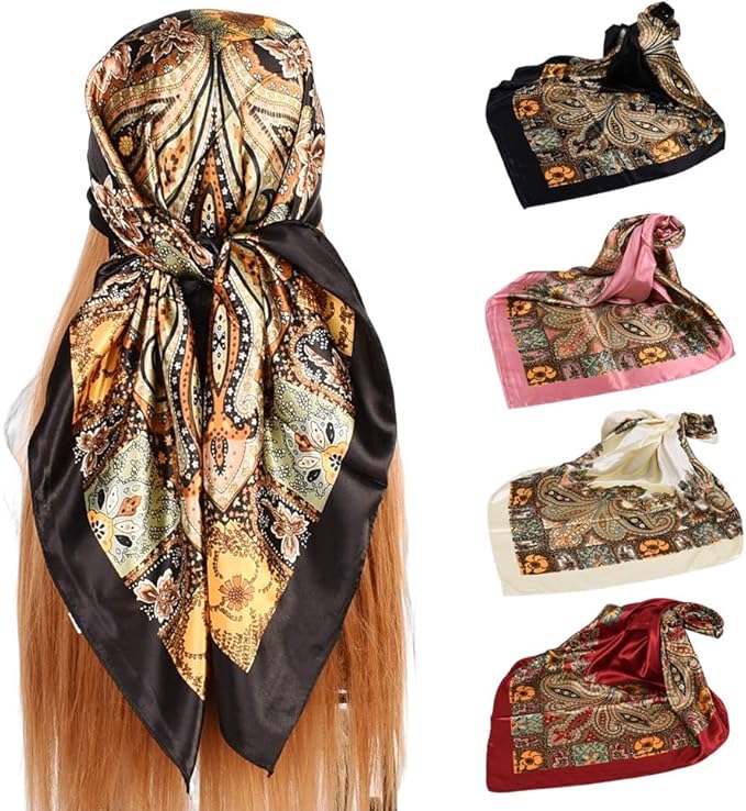4Pcs Silk Head Scarves for Women Satin Hair Scarf 35”Large Square Bandana Silk Like Neck Scarf Shawl