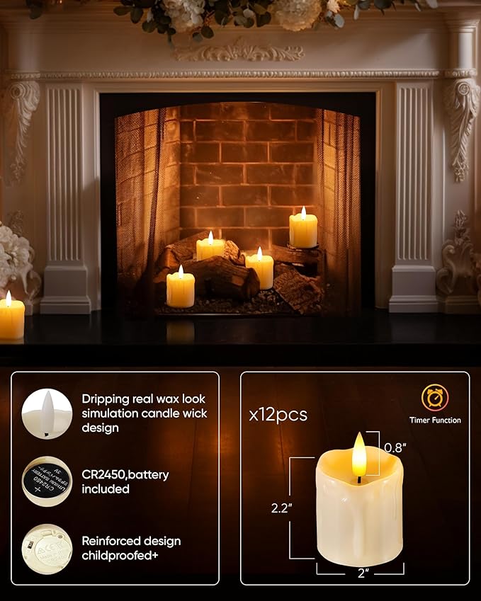 Homemory 12Pack 2" x 2" Timer Remote Control Flameless Votive Candles, Realistic Battery Operated Fake Candles for Christmas, Wedding, Home Decorations
