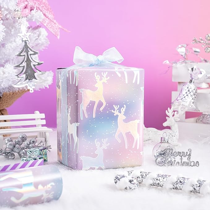 RUSPEPA Christmas Reversible Wrapping Paper Roll for Girls, Mini Roll, Colorful Foil Pastel Reindeer Design and Purple Stripes, Dreamy Gift Wrap for Christmas Gifts, Holiday, 17 Inches x 32.8 Feet