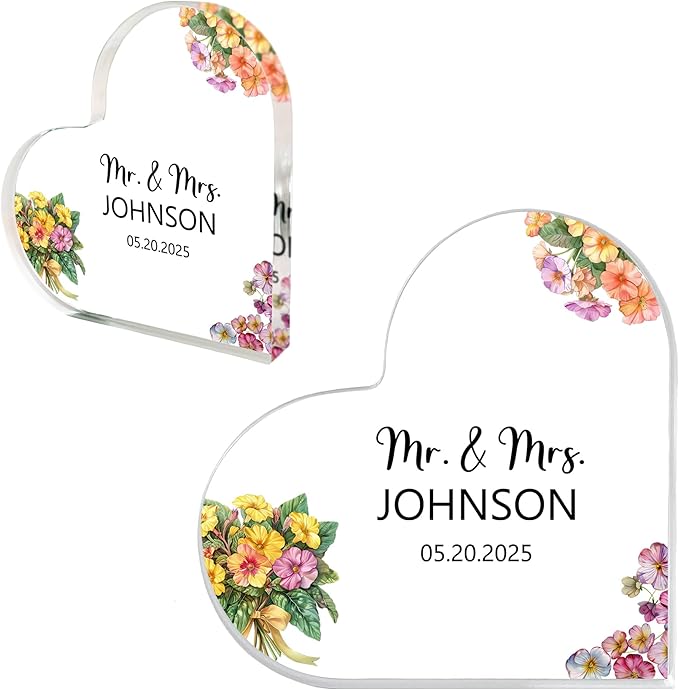Custom Wedding Heart Acrylic Plaque,Mr & Mrs Cake Topper,Personalized Wedding Keepsake/Gift/Sign (Style 14)