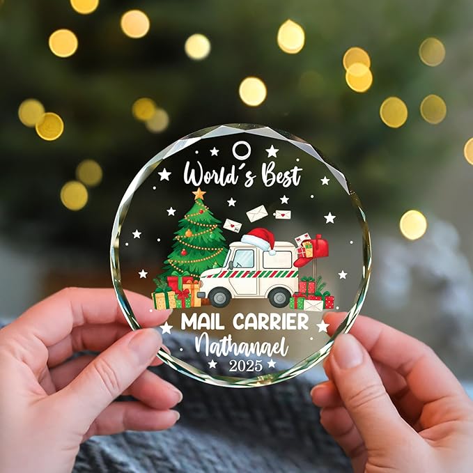Personalized World's Best Mail Carrier Christmas Glass Ornament 2025, Mail Truck Christmas Tree Decoration Ornaments, Custom Name & Year Ornament Xmas Gifts for Postal Worker, Mailman Keepsake